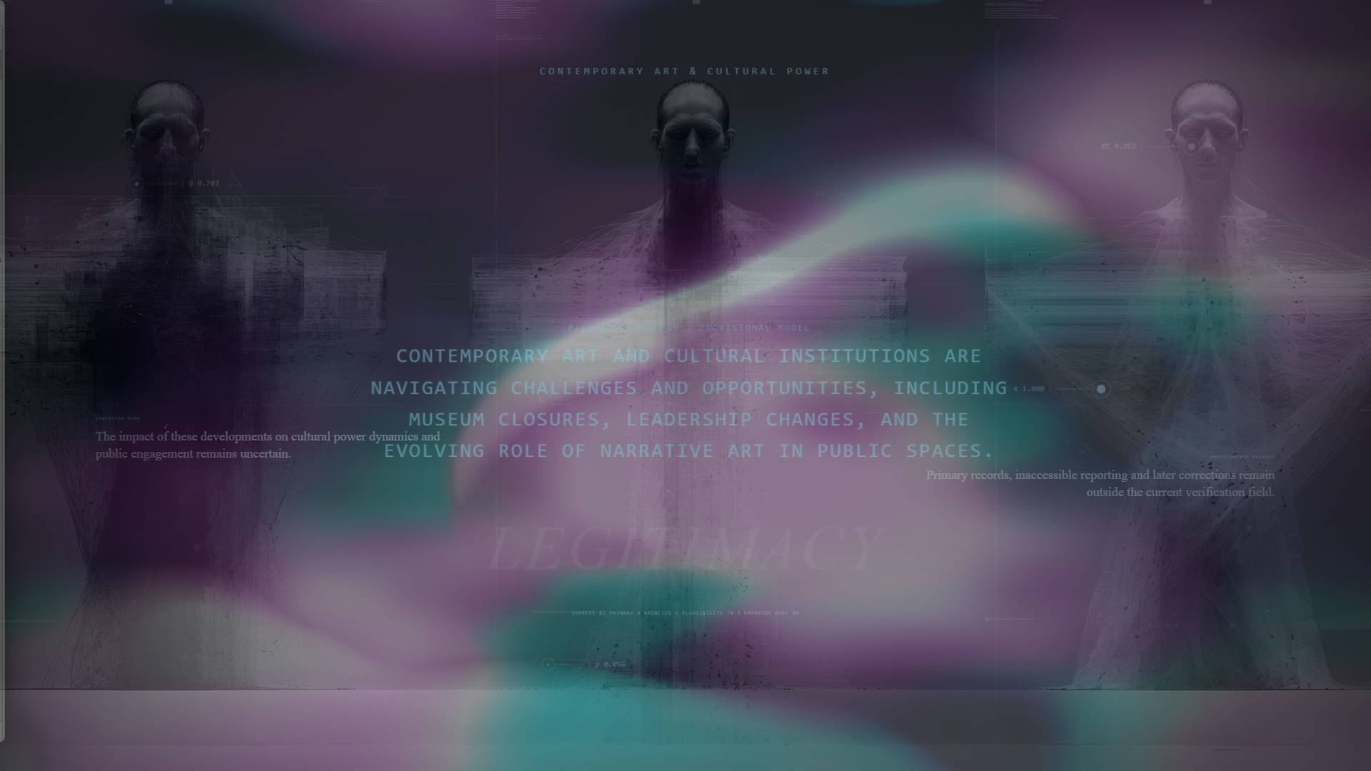 Three human figures traversed by fluid light, data and a provisional synthesis from the visual corpus of Field of Truth