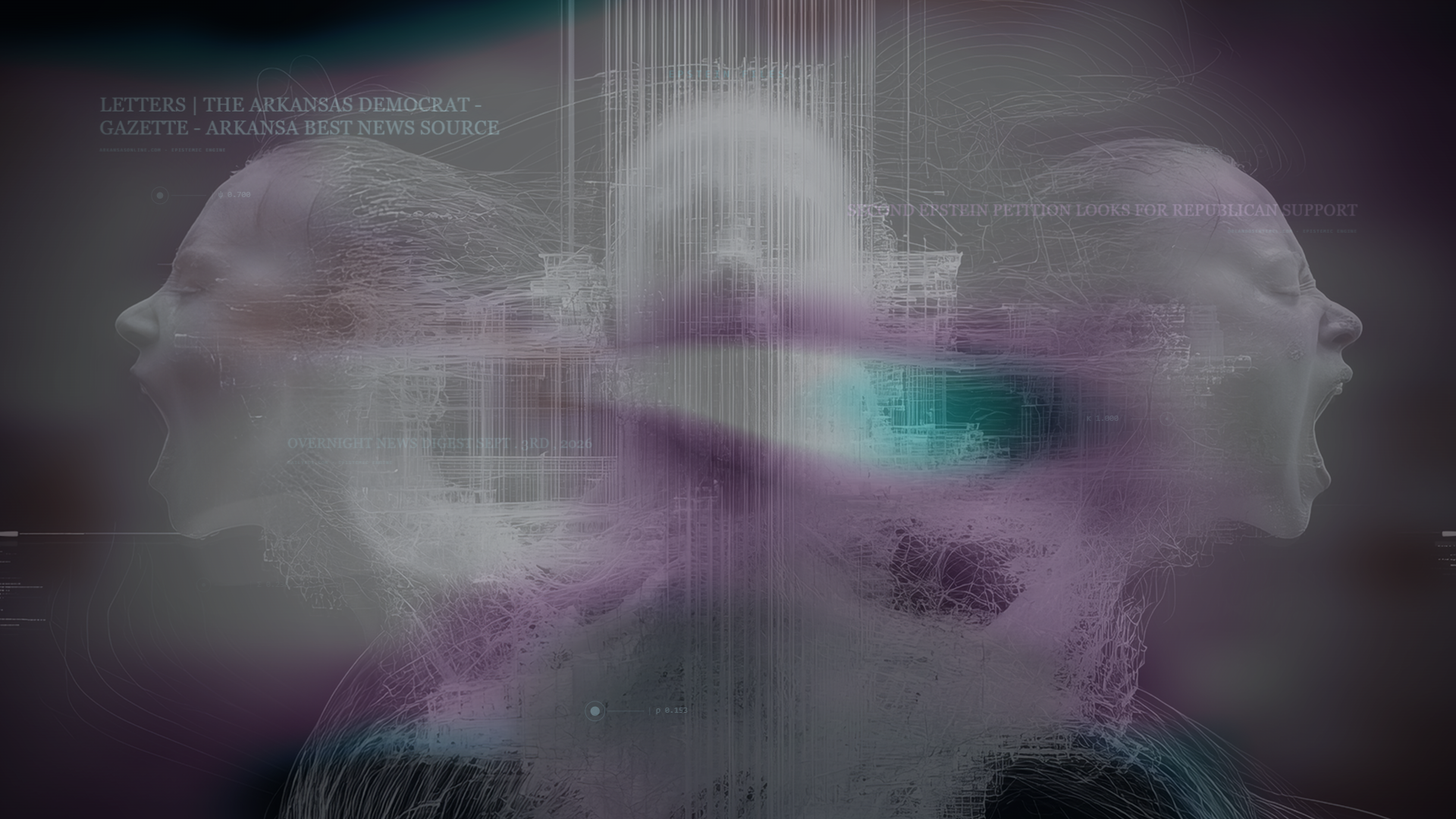 Two mirrored human profiles crossed by informational structures and fluid light from the visual corpus of Field of Truth